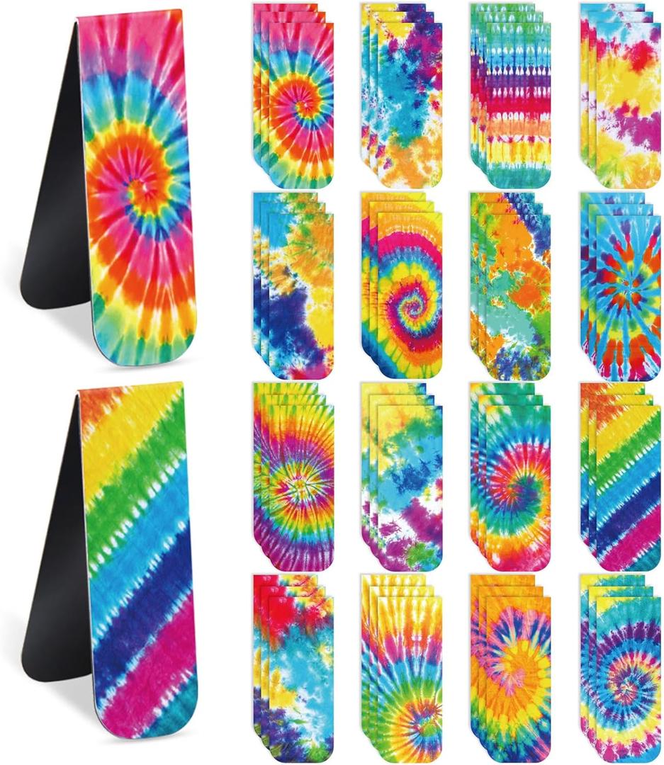 Faccito 48 Pcs Tie Dye Bookmarks Tie Dye Magnetic Book Marks Foldable Hippie Theme Marker Clips Hippie Party Favors for Kids Students Back to School Book Lover Classroom School Office Stationery Gifts