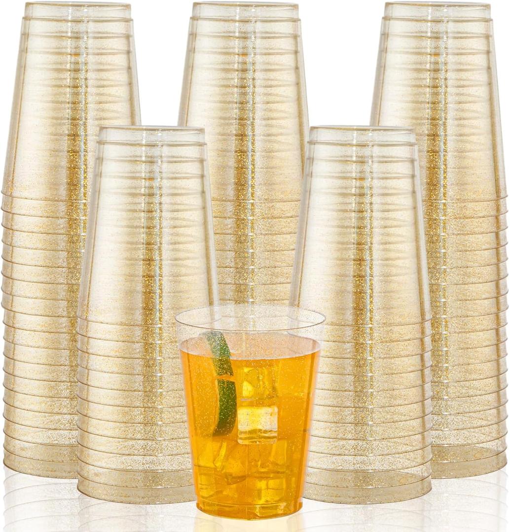 I00000 200pcs Gold Plastic Cups - 10 OZ Hard Gold Glitter Disposable Cups For Cocktail And Drinking - Premium Disposable Plastic Cup with Gold Glitter For Fancy Elegant Party Cup