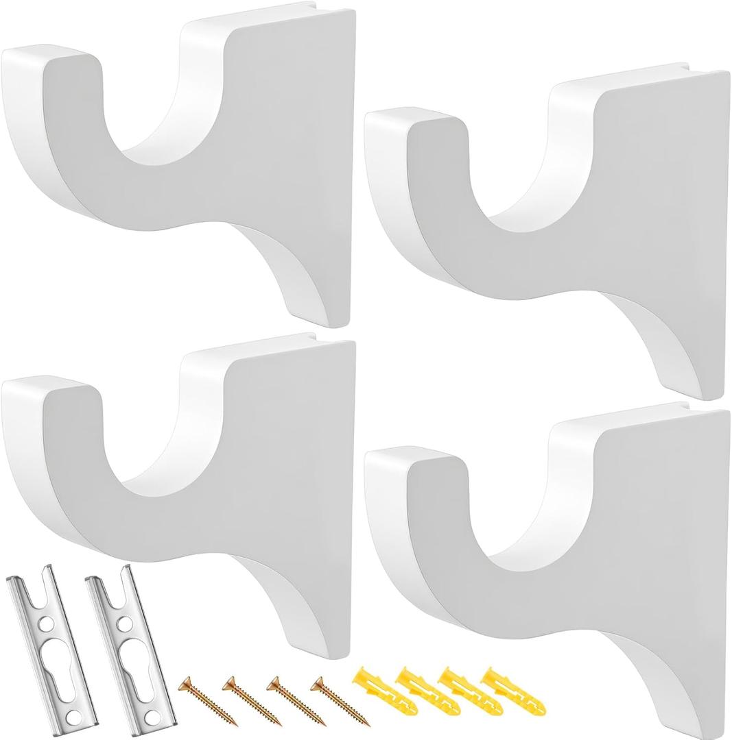 Briwooody 4 Pack Wooden Curtain Rod Brackets Curtain Rod Holder Wood Brackets Classics 3 1/2" Return Bracket for 2" Pole (White)