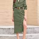 Saodimallsu Womens Striped Sweater Dress Fall Chunky Knit V Neck Collared Long Sleeve Sexy Slit Loose Midi Dresses (Green)