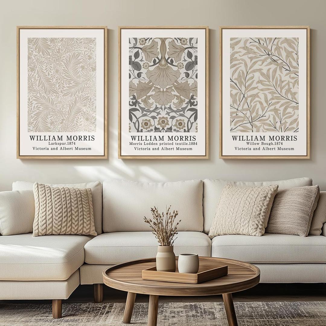 Framed Large William Morris Vintage Wall Art Set of 3, Large Neutral Botanical Floral Canvas Prints, Nature Rustic Boho Artwork for Living Room, Bedroom, Hallway or Office, 24x36 Inch, 24"W x 36" H 