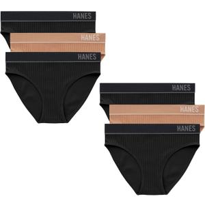 Hanes Women's Originals Seamless Stretch Rib Bikini Panties Pack, Assorted Colors, 6-Pack (X-Large, 4 Black/2 Deep Glow)