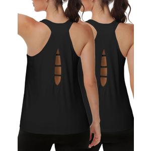 YOYOYOGA Tank Tops for Women Open Back Running Tops Workout Shirts 2 Packs (Black, M)