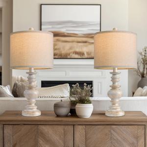 BOBOMOMO 20" Retro Table Lamps Set of 2 - Farmhouse Lamp for Living Room with Linen Shades, Rustic Bedside Nightstand Lamps, Resin Lamps for Bedroom Nursery Room Hallway - Ideal for Compact Spaces (2 Pack White&Gold Finish)