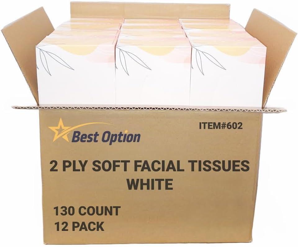 Soft 2-Ply Facial Tissue, White, 130-Count Box | Professional, Gentle and Durable | Great for Bathroom, Office, Business, School (1,560 Tissues, Bulk Pack of 12-Boxes)