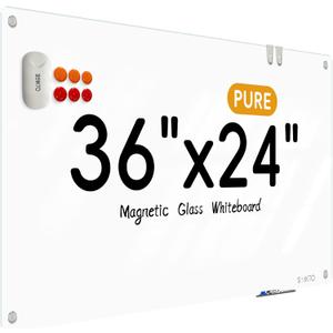 Glass Whiteboard - Glass Dry Erase Board 36" x 24" Magnetic Pure White Board Glass Writing Board White Boards for Walls Wall Office Home