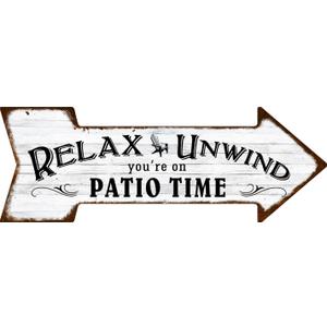 Mukuko Patio Wall Decor Backyard Patio Signs and Decor Outdoor 6" x 18" Arrow Tin Metal Sign for Home, Bar, Porch (Relax Unwind You're on Patio Time)