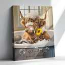 Highland Cow Wall Art Bathroom Decor 12x16 Cute Cow Bathroom Canvas Prints Funny Highland Cow Prints Art Cow On Toilet Picture Rustic Farmhouse Modern Style Restroom Bath Painting Print (Highland Cattle Holding Flowers In The Bathtub)