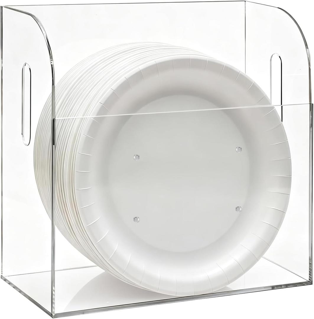Paper Plate Dispenser, 11 Inch Large Wall Mounted Acrylic Paper Plates Holder Under Cabinet, Easy Access Vertical Plate Organizer for Kitchen Counter, Fits Round and Square Plates
