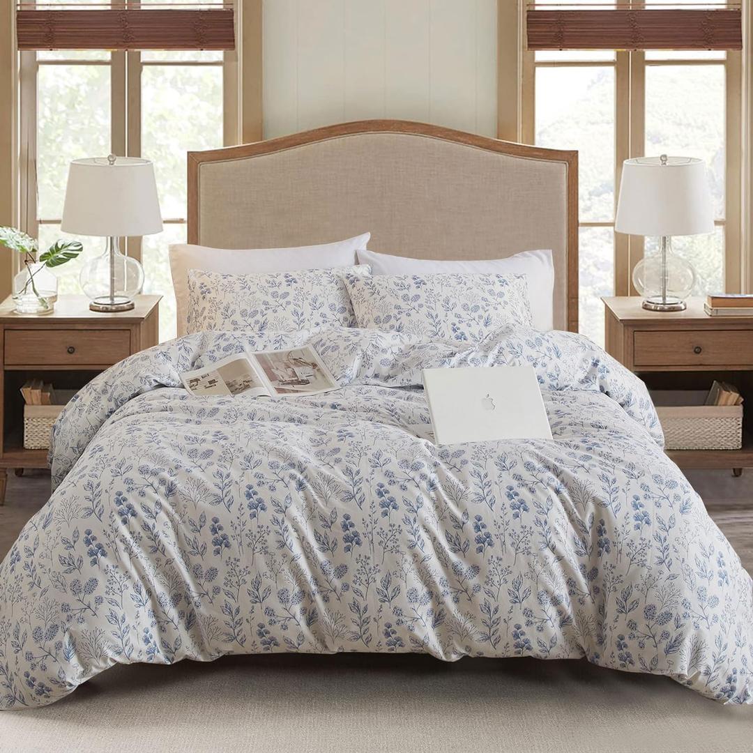 EAVD 3 Pieces Blue Floral Duvet Cover Full Size White Blue Soft Cotton Coquette Bedding Set for Girls Women Chic Shabby Garden Aesthetic Botanical Duvet Cover with Zipper Closure (Full (80" x 90"))