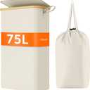 Lifewit 75L Slim Laundry Hamper with Lid, Narrow Laundry Basket with Removable Bag & Bamboo Handles, Fodable Thin Dirty Clothes Hamper for Laundry Collapsible Bin for Bathroom Bedroom Dorm, White (75L, White)