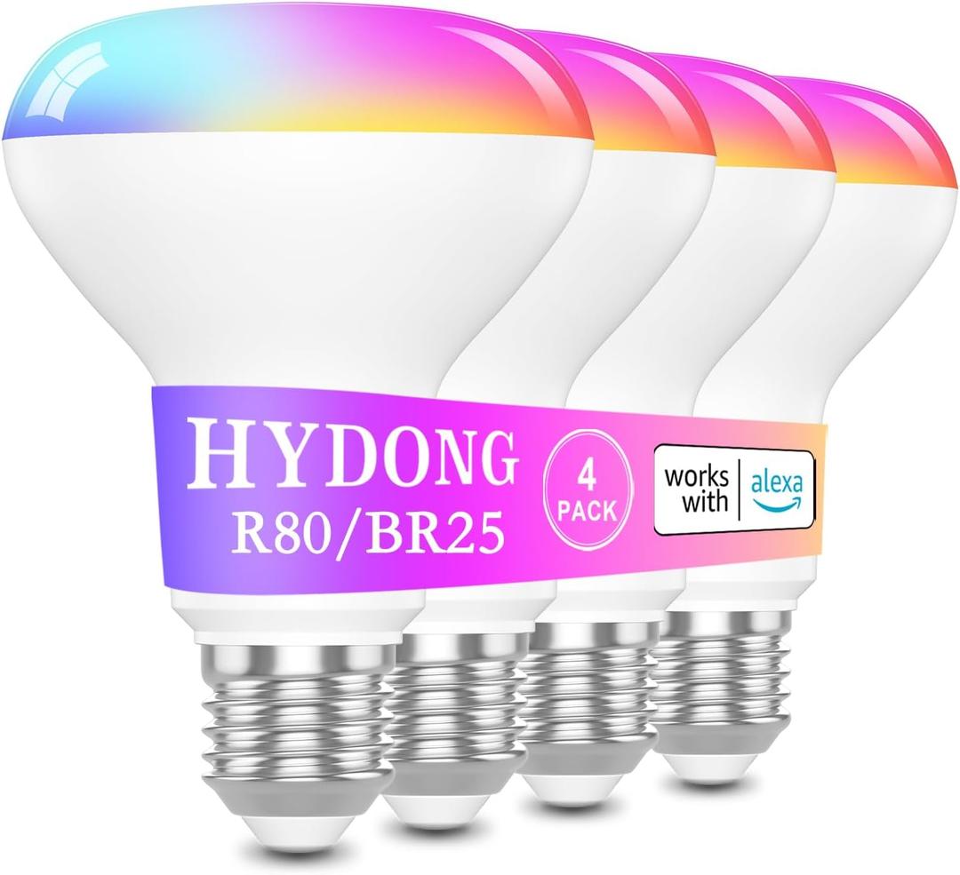 Smart RGB Bulb,BR25/R80,Smart Bulbs Compatible with Alexa,Color Changing LED WiFi Bulb 12W,2.4Ghz WiFi Only.E26/E27Base,4Packs