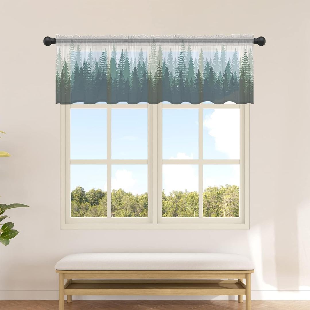 Green Forest Sheer Valance Curtains for Kitchen Living Room Decor, Nature Woodland Tree Forest Silhouette Landscape Semi Sheer Curtain Voile Valance Rod Pocket Window Short Curtain Panel 54"x18"