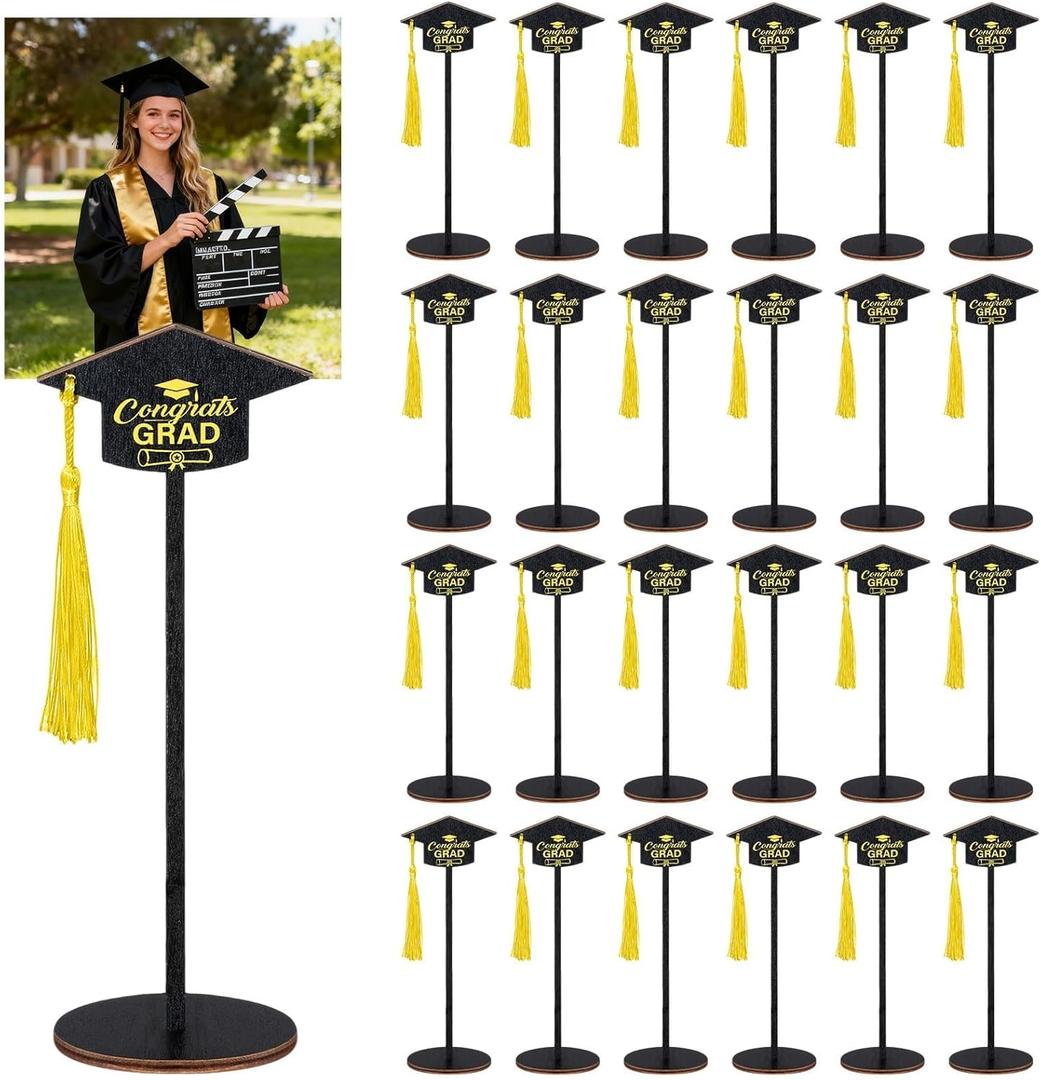 24 Pcs Graduation Cap Photo Holder with Wooden Base Wire Picture Clip Black Grad Table Number Holders Bulk Graduation Cap Decorative Card Holder for Class of 2026 Centerpieces Grad Party Supplies