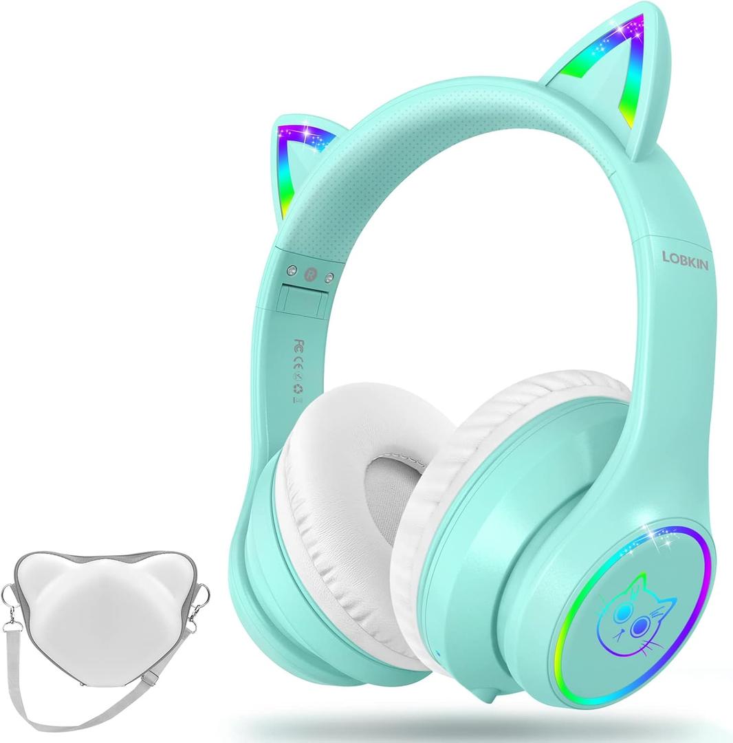LOBKIN Bluetooth 5.4 Kids Headphones with Case - RGB LED Light Up Cat Ears Foldable Adjustable Over Ear Headphone Support Wireless or 3.5mm Wired Mode for Toddler & Girls & Boys Teens (Green)