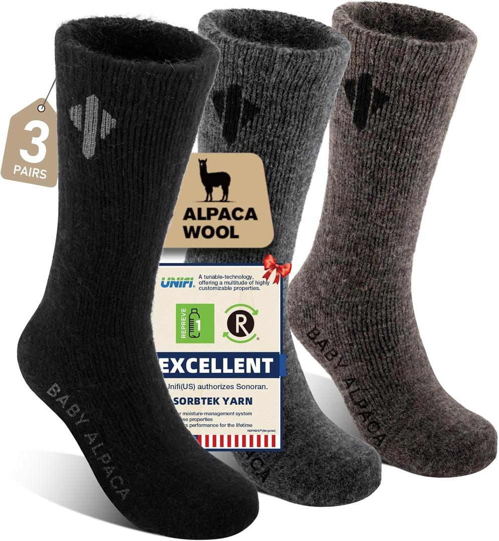 Alpaca Socks for Men and Women, Heavyweight Thermal Thick Warm Alpaca Wool Boot Sock for Hunting, Hiking, Moisture Wicking (Large, (3pairs)-Black& Dark Gray & Walnut Brown)