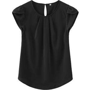 TASAMO Women's Casual Round Neck Basic Pleated Top Cap Sleeve Curved Keyhole Back Chiffon Blouse, Small