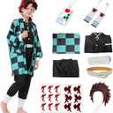 Anime Kimono Costumes Men Boys Halloween Cosplay Green Outfits Cape Festival Uniform Dress Up with Wig (Kids 140)