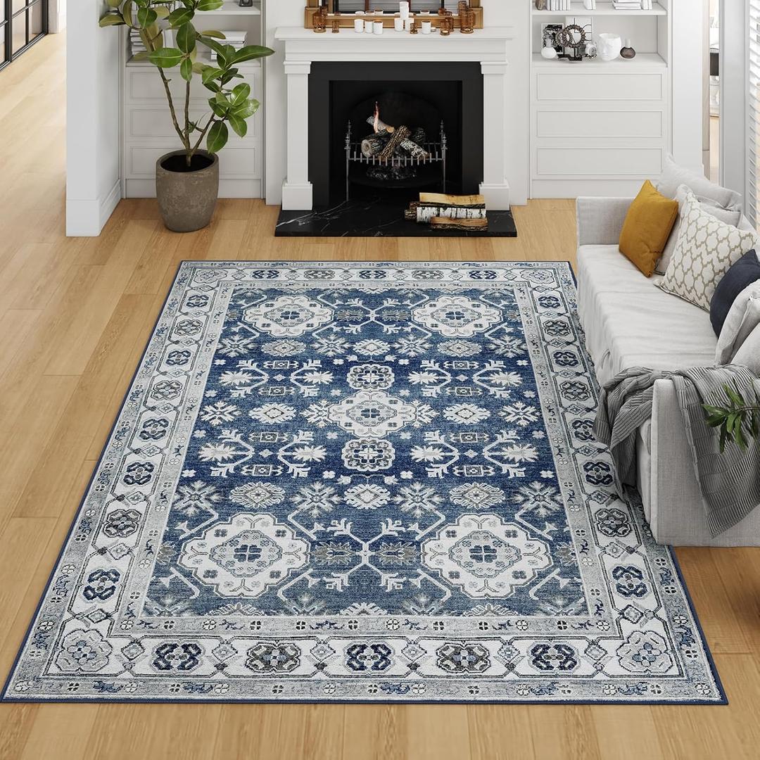 VK VKLIVING Machine Washable Rug 5'x7' Vintage Design Washable Area Rugs with Non Slip Rugs for Living Room Bedroom Traditional Woven Rug Carpet Stain Resistant Home Decor Office Boho Rug (Navy)