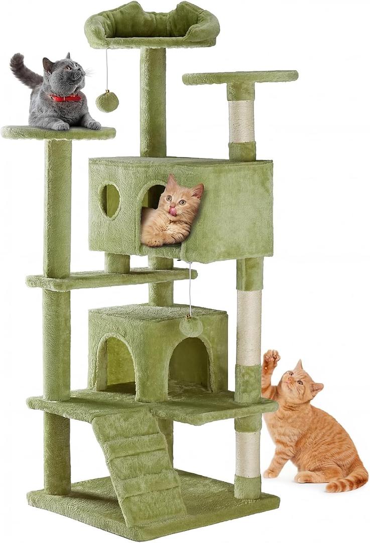 DUMOS 54-inch Cat Tree Tower with Scratching Posts, Indoor Use
Multi-Level Pet House for Large Cats with 2 Condos, Round Platform, Small Ladder and Toys, Green