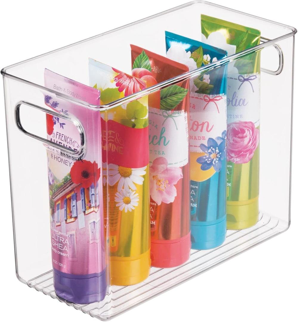 mDesign Tall Modern Stackable Plastic Storage Organizer Bin Basket with Handles for Bathroom Vanity Organization - Shelf, Cubby, Cabinet, or Closet Organizing Decor - Ligne Collection - Clear, 10 x 5 x 8 (Pack of 1)