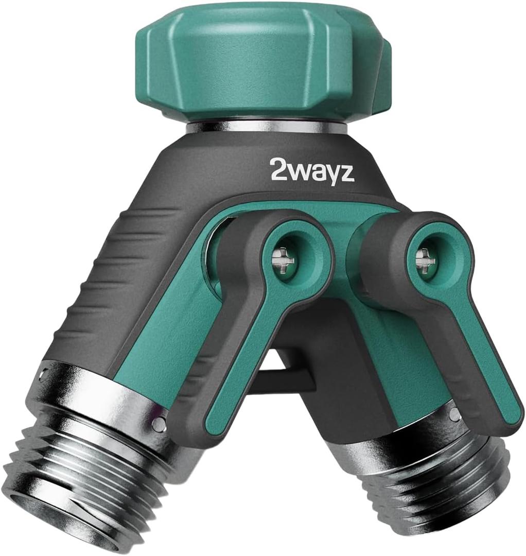 2WAYZ Dual Outlet Water Hose Splitter - Heavy-Duty Brass Y Connector, 360 Rotation, Easy Installation, Leak-Proof Design with Spigot Extender - Ideal for Garden, Washing Machines, Outdoor Faucets