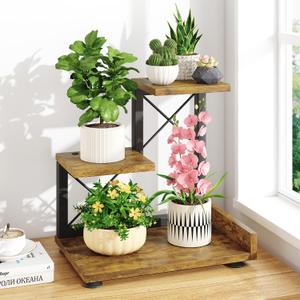 LASZOLA Indoor 3 Tier Table Top Corner Plant Stand, Heavy Duty Wood and Metal Succulents Shelf, Vertical Countertop Planter Display Rack Organizer for Office Kitchen, Desk Accessories, Rustic Brown