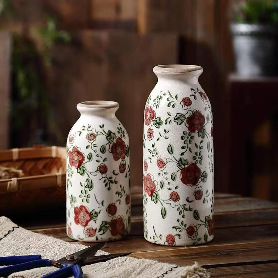 Small Vintage Rustic Flower Vase, Farmhouse Flower Vase for Home Decor, Chinoiserie Ceramic Vases for Table, Bookshelf, Living Room Centerpieces, Boho vases 7.8 Inch (White + Rose Red)