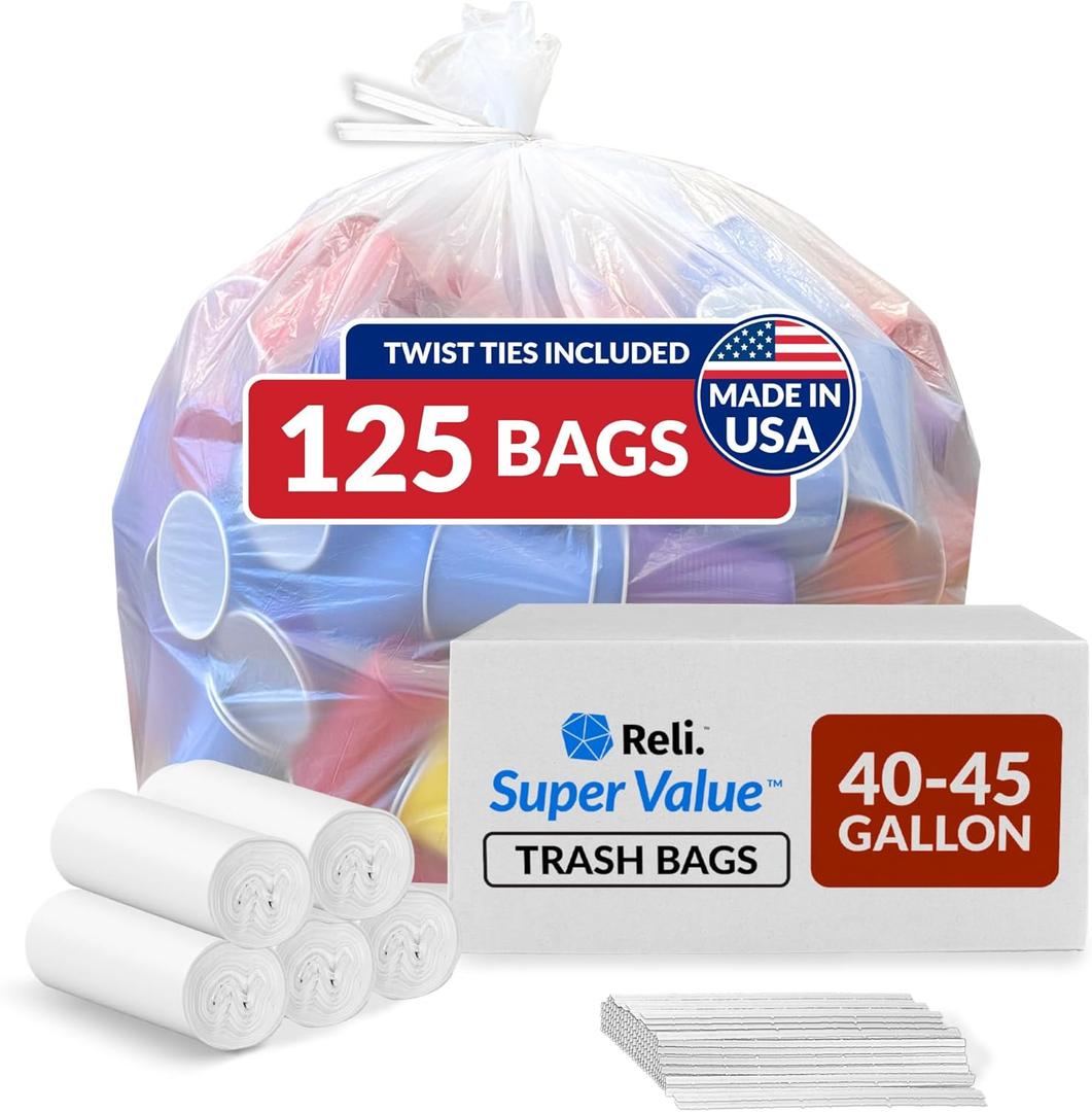 Reli. 40 to 45 Gallon Trash Bags Heavy Duty | 125 Trash Bags with Ties | Super Sizeable, Clear, Serious Garbage Cleanup
