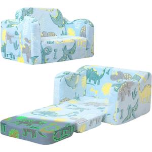 MeMoreCool Glowing Dinosaur Kids Chair, 2-in-1 Convertible Kids Couch Fold Out to Lounger, Glow-in-the-Dark Dino Sofa for Boys Ages 1-3, Soft Foam Flip-Out Seat with Washable Cover, Sky Blue | Reading, Relaxing
