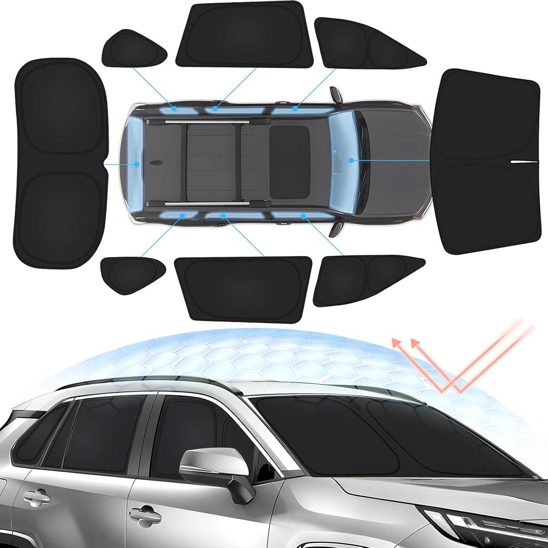 8PCS Foldable Sun Shades for 2019-2025 Toyota RAV4 Accessories Car Windshield&Side Windows Shade Cover Blocks 99% UV&Heat Privacy Protection Keeps RAV4 Cool All Black
