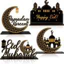4 Pack Ramadan Kareem Eid Mubarak Table Decorations - Wooden Tabletop Signs, Black and Gold Wood Tiered Tray Centerpieces for Islamic Al-Fitr Eid and Ramadan Decor