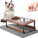 Elevated Cat Bowls with Food Mat, 2 Stainless Steel Bowls for Food and Water, 15° Tilted Raised Cat Feeder for Indoor Cats and Puppy, Brown