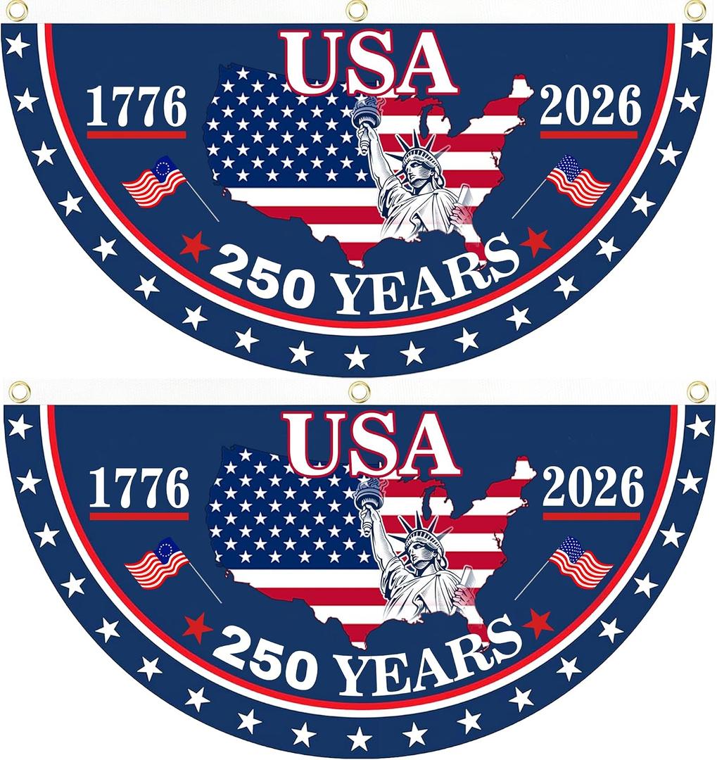 2PCS 250th Anniversary USA Flag, 1.5X3 FT 1776-2026 Fan Flags, 250 Years Anniversary Flag Bunting for Wall, Front Door, Porch, Fence, Outdoor Decorations with Brass Grommets (Style A)