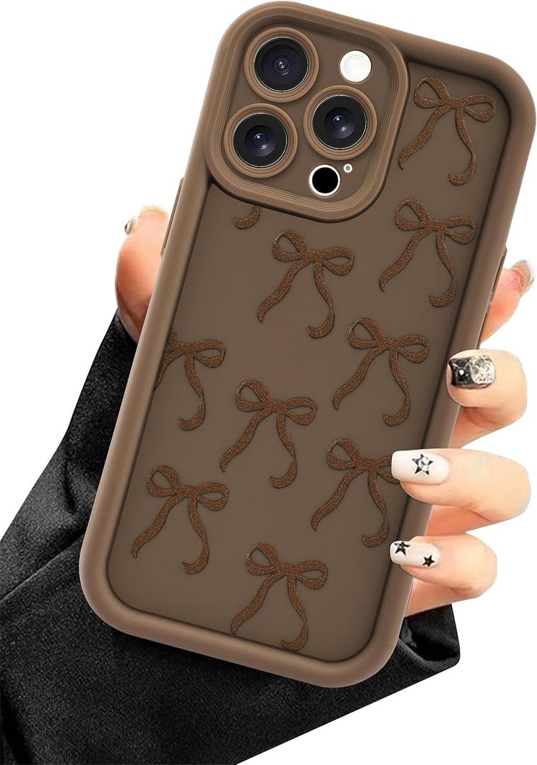 Compatible with iPhone 14 Pro Case, Cute Brown Bow Aesthetic Design for Girls Women Soft Silicone Slim Fit Shockproof Protective Cover
