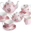 BTaT- Floral Tea Sets for Adults, 13 pcs, Service for 4, Pot (38 oz) & Cups (8 oz) with Saucers, Pastel Pink Floral Design with Gift Box, Porcelain Tea Set for Adult, Dishwasher Safe