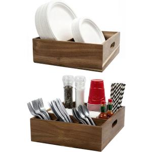 Acacia Wood Utensil Holder for Party (Set of 2) - 11" x 9.5" Utensil Caddy for Parties & Silverware Caddy for Countertop - Holds Plates, Napkins, Cups, Spoons, Forks - Kitchen Accessories