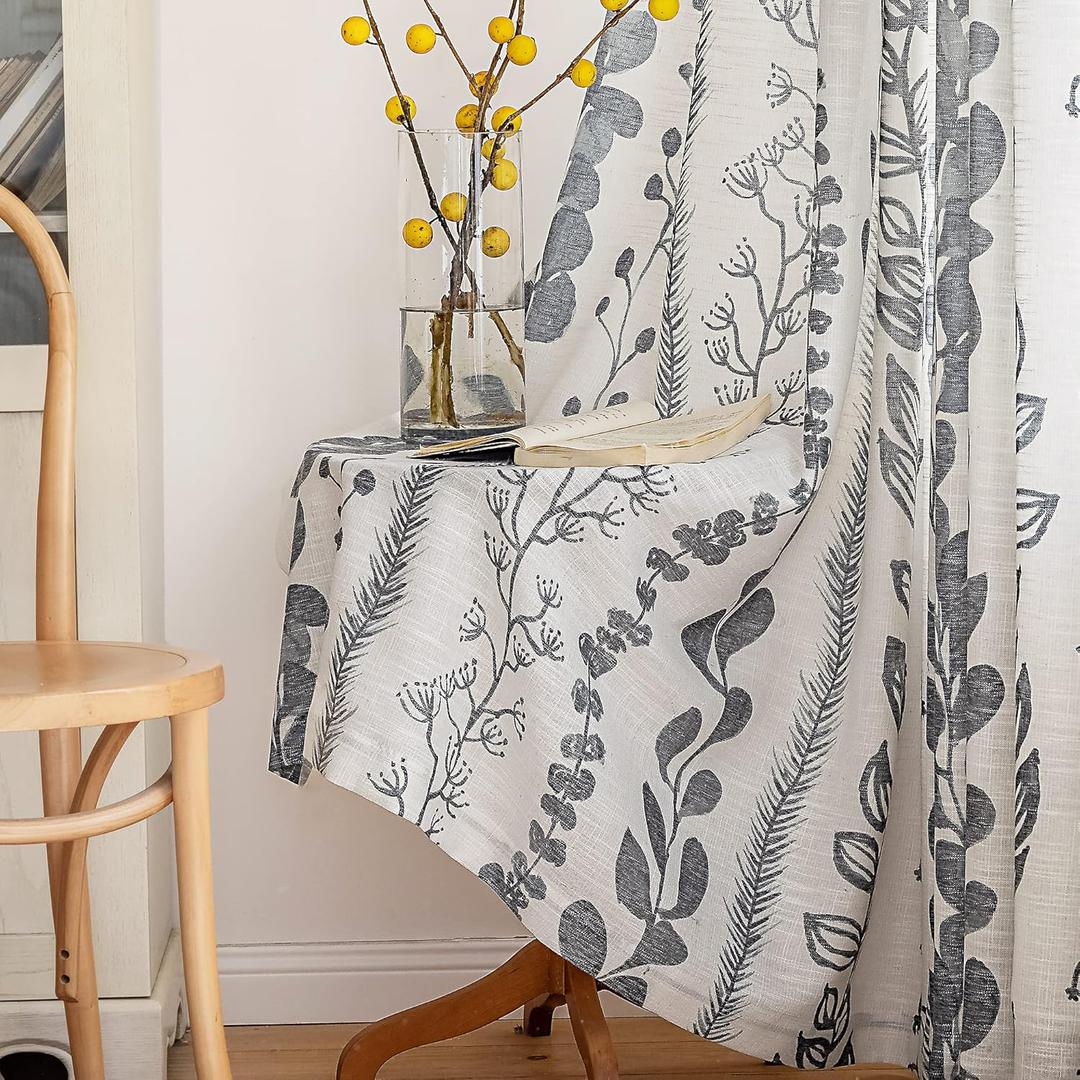 MEETSKY Boho Curtains for Living Room Light Filtering Privacy Protection Cotton Curtains 84 Inch Length 2 Panels Bohemian Linen Style Back Tab Window Leaf Print Classical Drapes for Dining Room (Leaves)