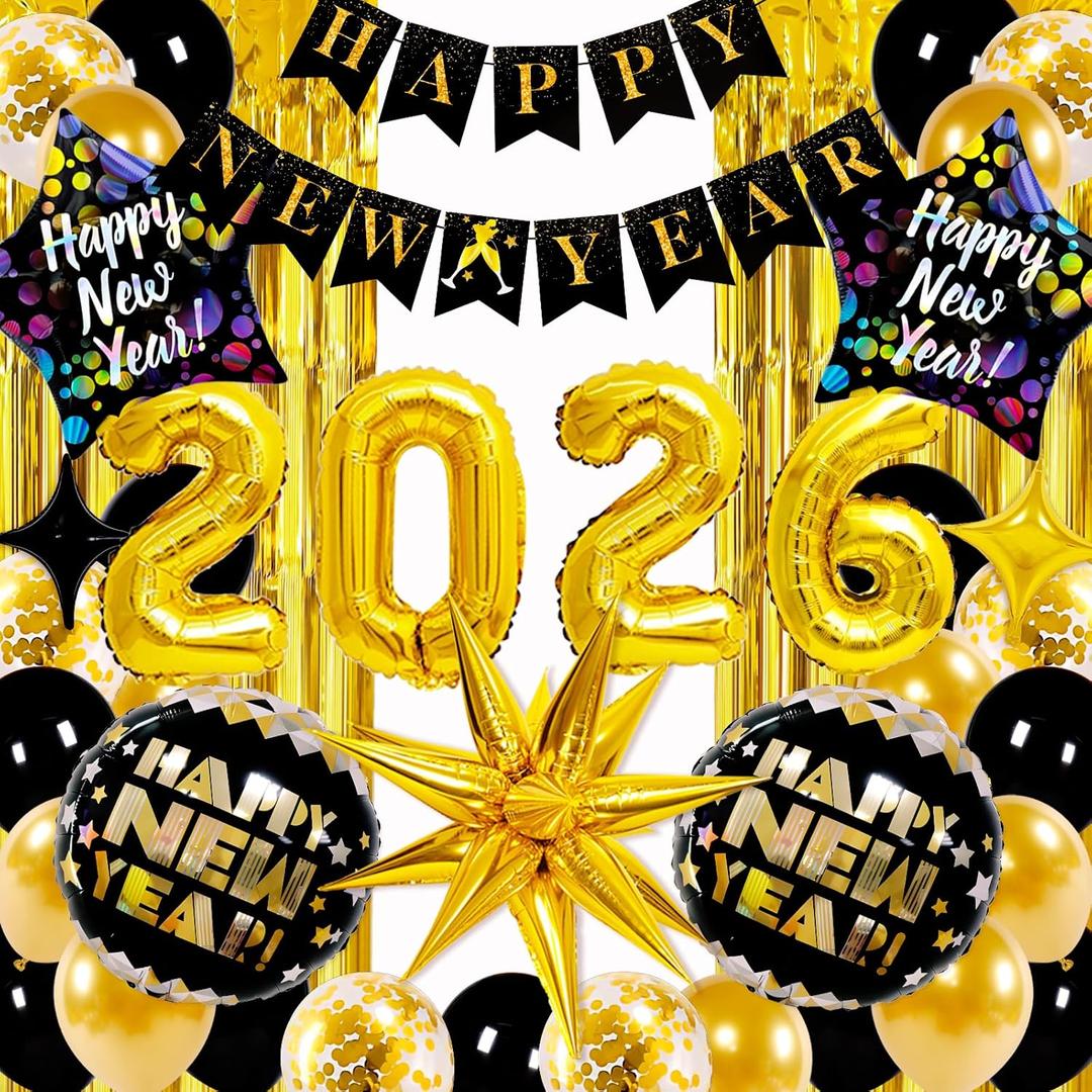 2026 New Years Decorations Kit, Happy New Year Balloon 2026 New Years Eve Party Supplies 2026 Set with 2026 Balloons,Happy New Year Banner, Explosion Balloons for New Year's Decorations 2026