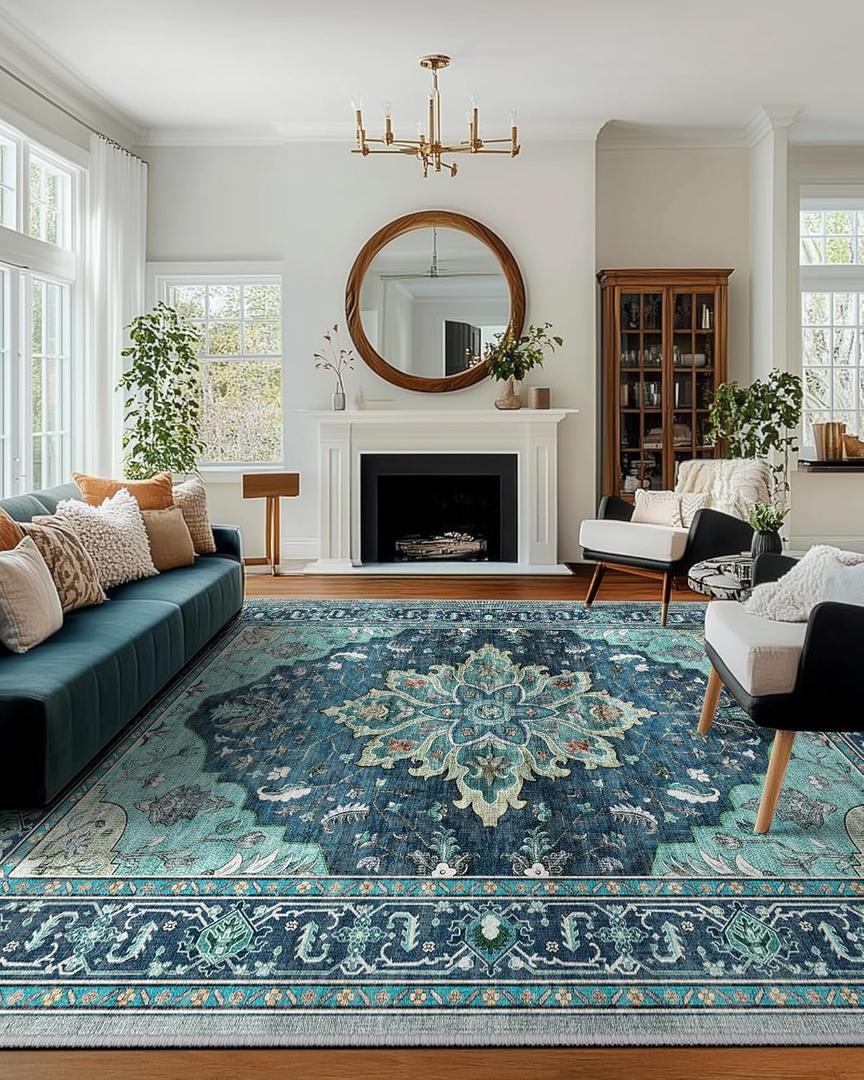 Area Rugs 10'x14' Washable Non-Slip, Floral Vintage Distress Print Pattern Medallion Carpet for Living Room Bedroom Dining Room, Teal Green Lake Blue