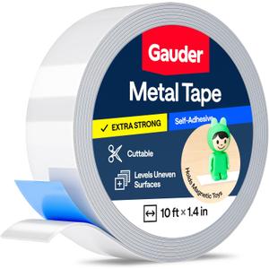 GAUDER Self-Adhesive Metal Tape - Ideal for Tonie Figures & Shelves - Holding Surface for Magnets - Ferrous Tape with Foam Adhesive - Thin Metal Steel Strip (10 ft x 1.4 in)