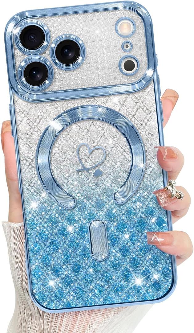 Bonoma Compatible with iPhone 17 Pro Case 2025 Support for MagSafe, Plating Heart Glitter Magnetic Checkered Case TPU Camera Protection Back Cover for Girls Women -Blue