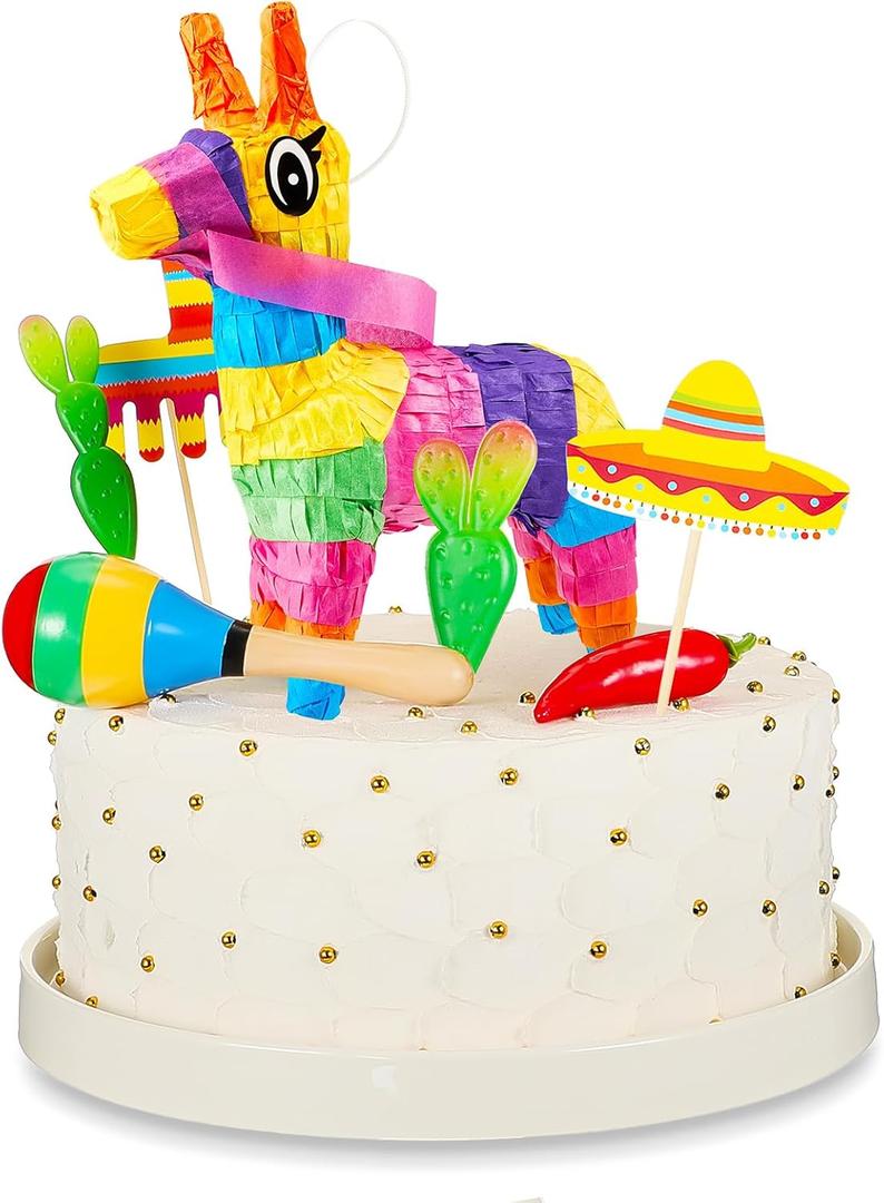Tinlade 15 Pcs Fiesta Cupcake Topper Mexican Theme Cake Decoration Cactus Piata Cinco De Mayo Taco Party Decorations with Wooden Sand Hammer and Foam Chili Decorations for Rainbow Party