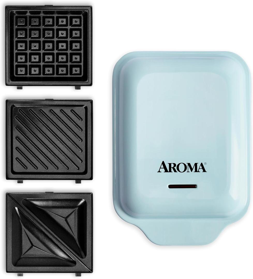 AROMA 3-in-1 Panini Press, Sandwich Grill, and Waffle Maker with Removable Ceramic Coated Plates (Blue)