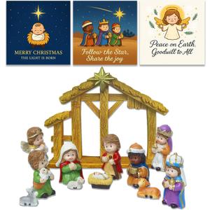 2025 Nativity Scene Figurine Set, 12-Piece Christmas Manger Display with Holy Family & Three Wise Men, Tabletop Creche Decor for Mantel, Tiered Tray or Entry Table, Gift-Boxed Holiday Decoration