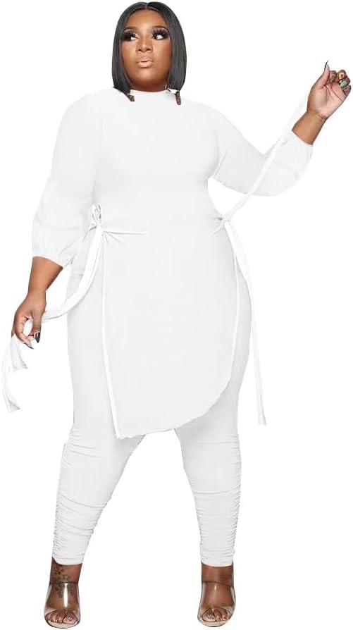 Women Plus Size 2 Piece Outfits Jumpsuit Camouflage Print Long Sleeve Slit Tunic Tops Pant Set