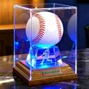 Baseball Display Case, Baseball Display Stand with LED Lights , Wooden Stand and a Bronze Medal,Cube Baseball Holder Display case, Acrylic Clear Ball Protector for Memorabilia Baseball Gifts