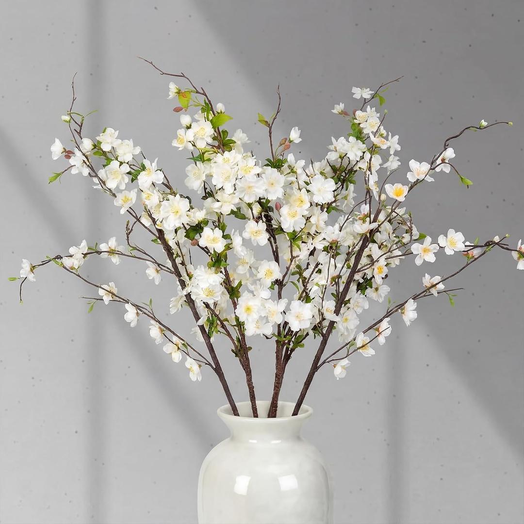 Giegxin 42 Inch Spring Faux Cream Cherry Blossom Branches 3 Pcs Artificial White Cherry Blossom Stems Fake Spring Blooming Long Stem Bush for Vase Floral Arrangement Wedding Party Home Decoration 42 Inch, Cream Blossom Branches, Cream