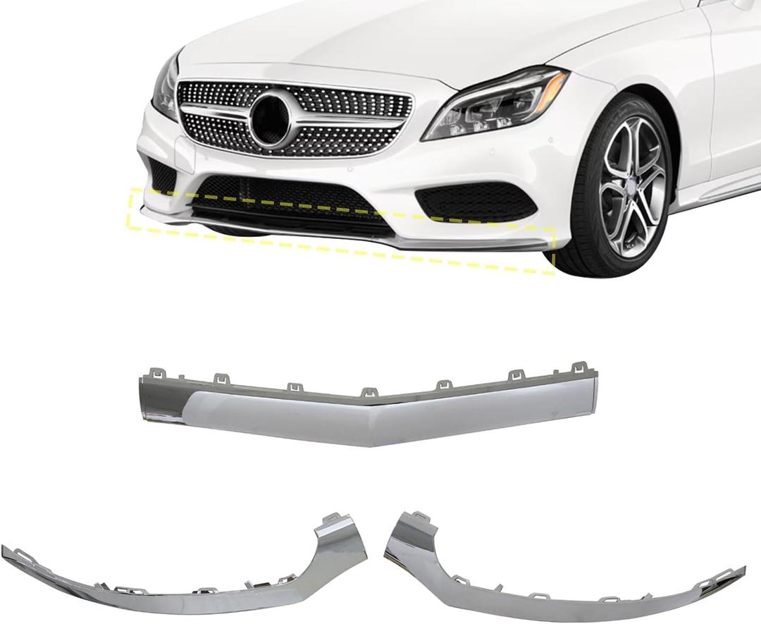 XQSMWF 3Pcs Front Bumper Lip Moulding Trim Chrome Compatible with Mercedes Benz W218 CLS400 500 550 2015-2018, Replace 2188851774 2188851574 2188851674