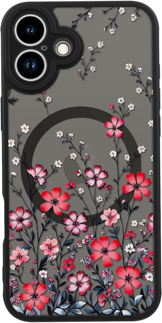 LUHOURI for iPhone 16 Case Cute - Wireless Charing Compatible,Trendy Floral Design for Women Girls,Military-Grade Shockproof Not-Slip Matte Phone Cover, Vibrant Red Wildflowers